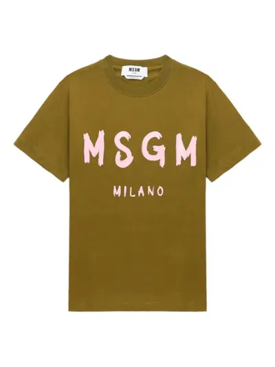 Msgm Logo Print Cotton T-shirt Clothing In Green