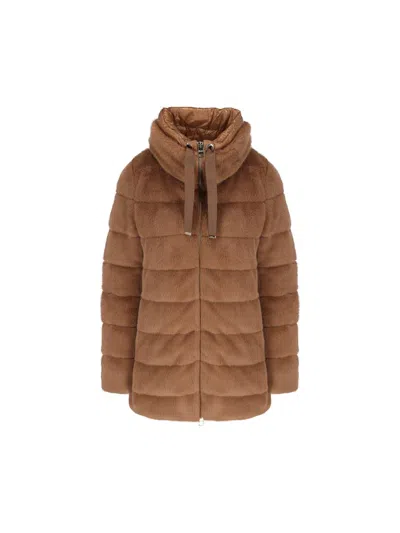 Herno Faux Fur Down Coat With High Collar In Brown