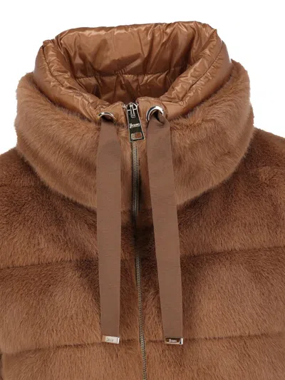 Herno Faux Fur Down Coat With High Collar In Brown