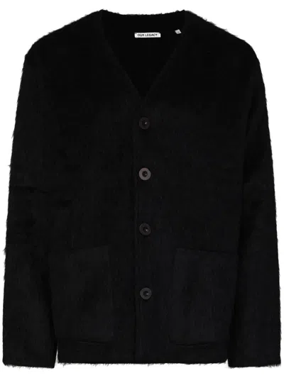 Our Legacy Textured V-neck Cardigan With Button-down Front In Black