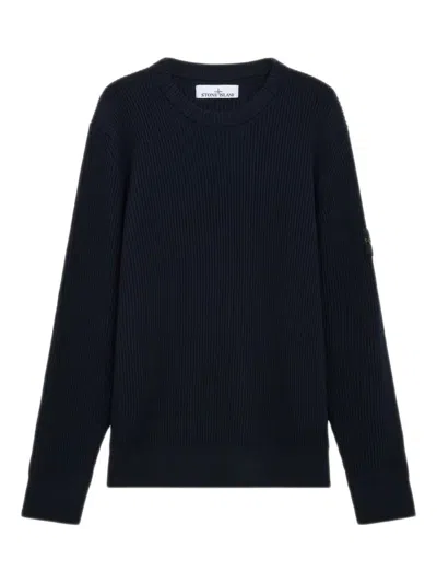 Stone Island Ribbed-knit Virgin Wool Sweater With Signature Patch In Blue