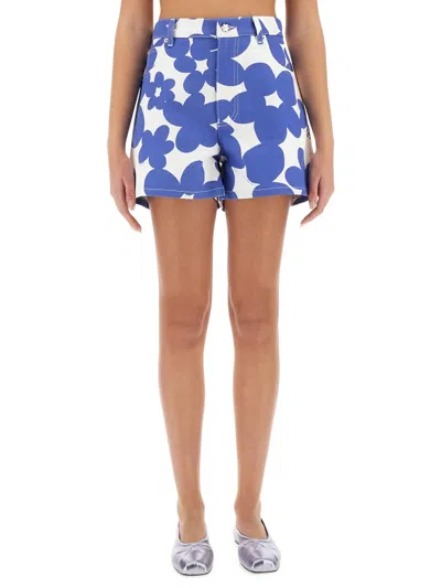 Marni White Cotton Gabardine Shorts With Floral Motif In Blue