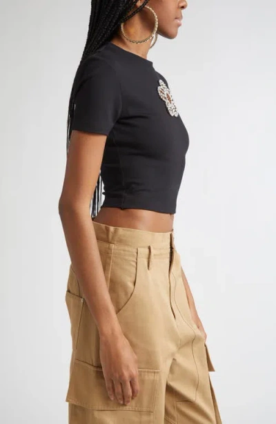 Area Crystal Flower Cutout Short-sleeve T-shirt In Black