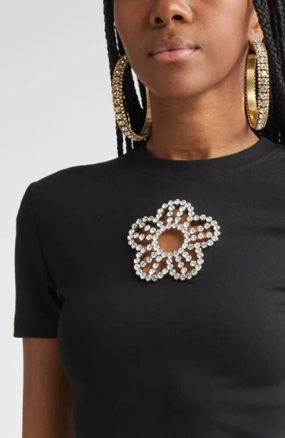 Area Crystal Flower Cutout Short-sleeve T-shirt In Black