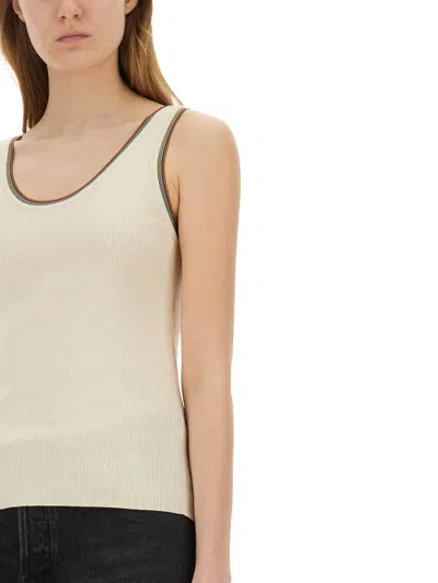 Paul Smith Ribbed Cotton Tank Top With Contrast Trim In Gold
