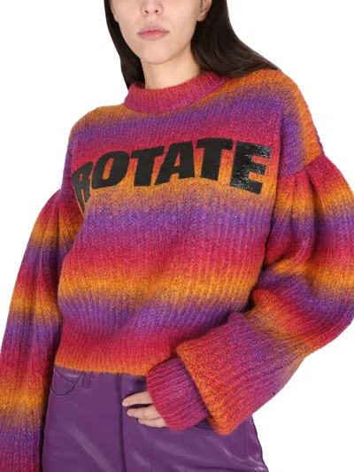 Rotate Birger Christensen Intarsia-logo Striped Cropped Jumper In Pink