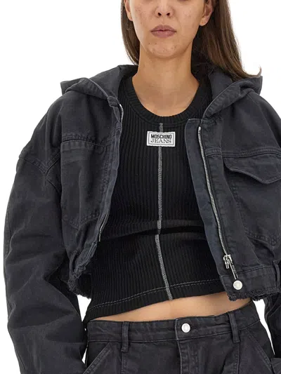 Moschino Short Jacket With Elastic Waistband And Hood In Blue