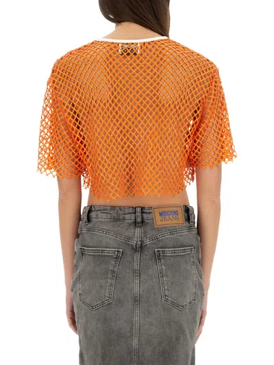 Moschino Mesh Top Cropped Contrast Trim In Orange