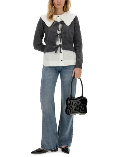Ganni Tie-string Mohair Blend Cardigan In Gray