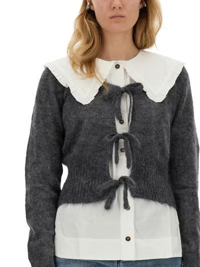 Ganni Tie-string Mohair Blend Cardigan In Gray