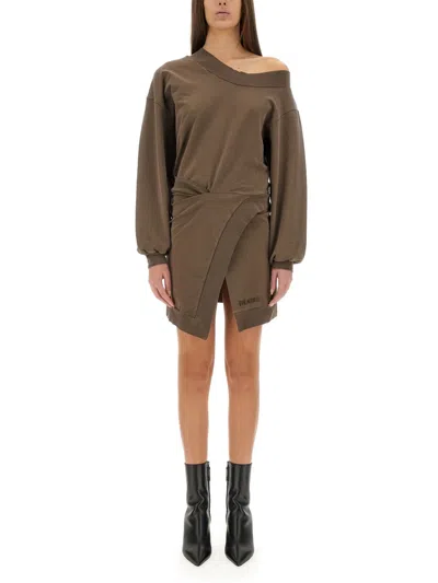 Attico Brown Off-shoulder Mini Dress With Logo Lettering On The Hem In Brown