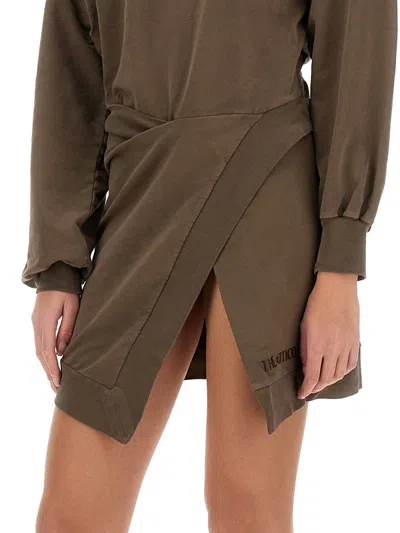 Attico Brown Off-shoulder Mini Dress With Logo Lettering On The Hem In Brown