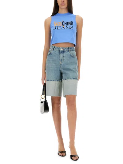 Moschino Wide Fit Denim Bermuda Shorts With Contrast Hem In Blue