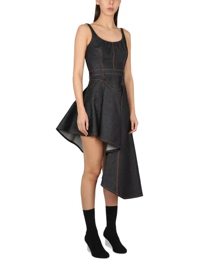 Alexander Mcqueen Asymmetric Midi Denim Corset Dress In Black