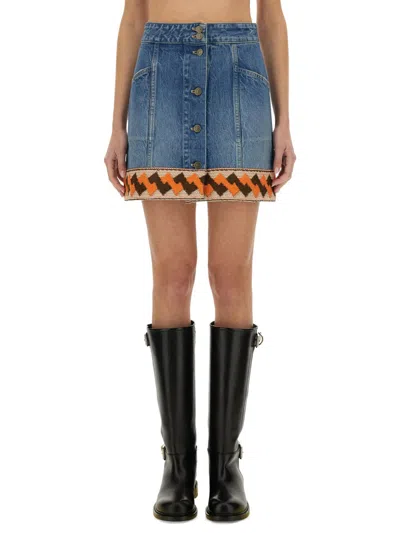 Valentino Medium Blue Denim Skirt With Geometric Trim In Blue