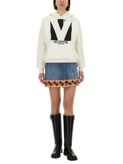 Valentino Medium Blue Denim Skirt With Geometric Trim In Blue