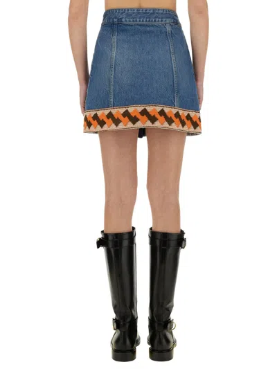 Valentino Medium Blue Denim Skirt With Geometric Trim In Blue