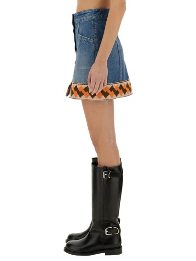 Valentino Medium Blue Denim Skirt With Geometric Trim In Blue