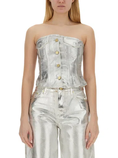 Ganni Bustier Top In Foil Denim In Silver