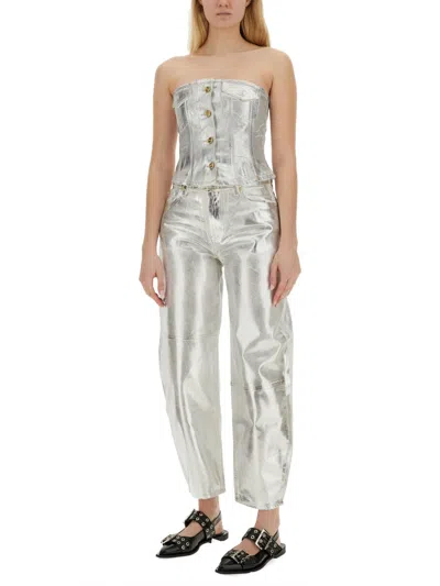 Ganni Bustier Top In Foil Denim In Silver