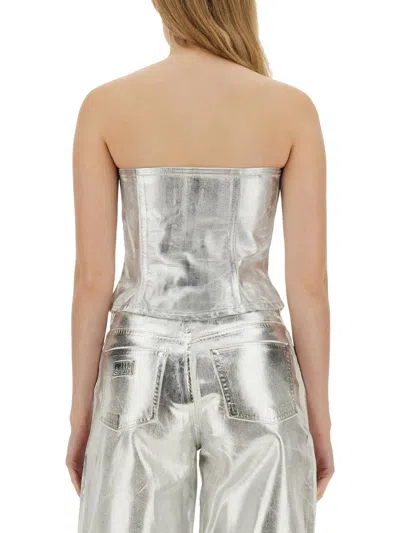 Ganni Bustier Top In Foil Denim In Silver