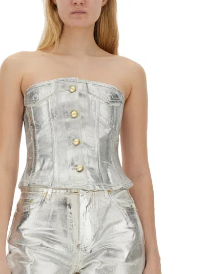 Ganni Bustier Top In Foil Denim In Silver