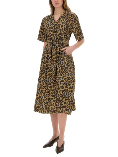 Aspesi Long Dress With Short Sleeves Spotted In Animal Print