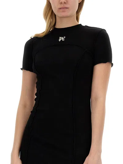 Palm Angels Monogram Ribbed Dress With Frayed Edges In Black