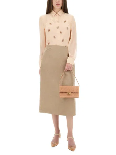 Fendi Silk Blouse With Collar And Floral Embroidery In Metallic