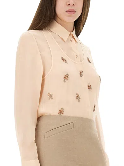 Fendi Silk Blouse With Collar And Floral Embroidery In Metallic