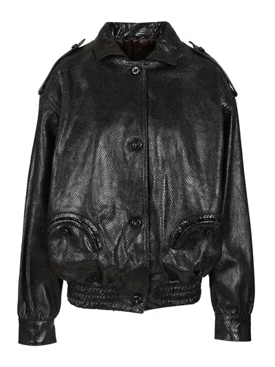 Blazé Milano Leather Bomber Jacket Flap Pockets In Black