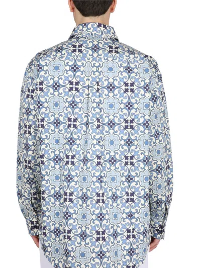 Drôle De Monsieur Printed Button-down Collar Shirt With Long Sleeves In Blue
