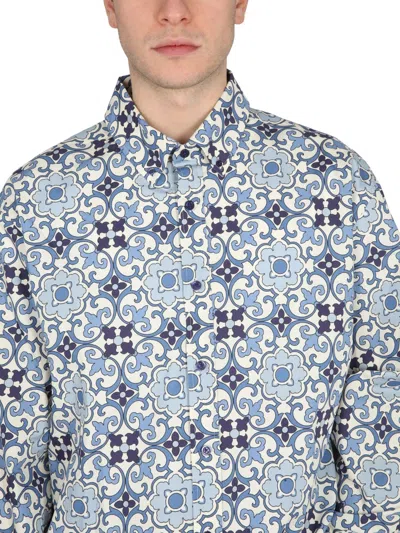 Drôle De Monsieur Printed Button-down Collar Shirt With Long Sleeves In Blue