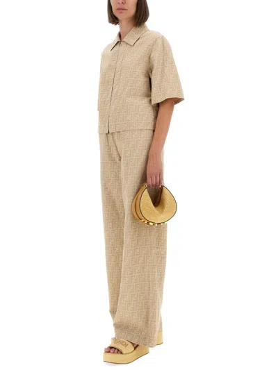 Fendi Women Beige Pants With Elastic Waist And Wide Leg In Chambray Ff Woman In Neutral