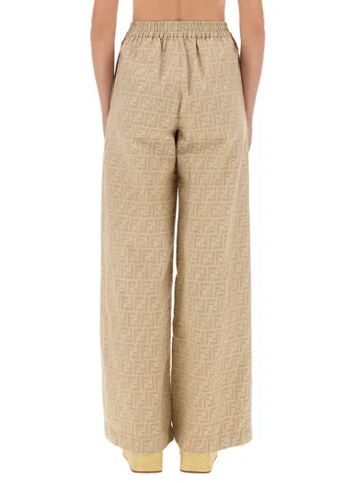 Fendi Women Beige Pants With Elastic Waist And Wide Leg In Chambray Ff Woman In Neutral