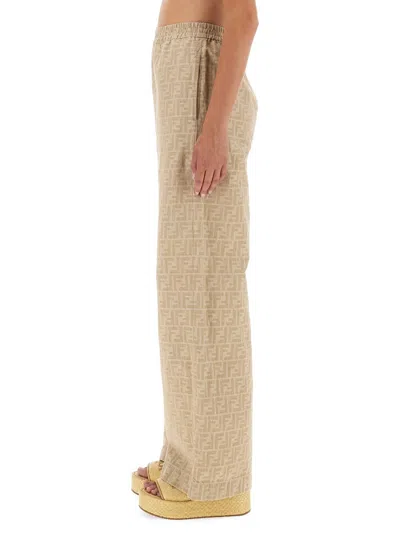 Fendi Women Beige Pants With Elastic Waist And Wide Leg In Chambray Ff Woman In Neutral