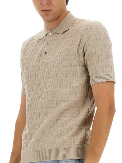 Fendi Ff Cotton Knit Polo Shirt In Neutral