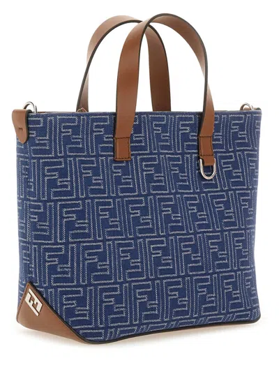 Fendi Structured Cotton Ff Shopping Bag With Leather Accents In Gray