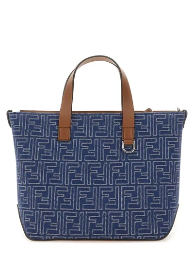 Fendi Structured Cotton Ff Shopping Bag With Leather Accents In Gray