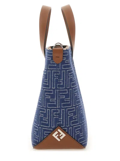 Fendi Structured Cotton Ff Shopping Bag With Leather Accents In Gray