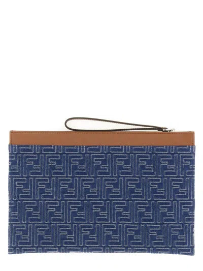 Fendi Textured Cotton Medium Flat Pouch With Zipper Closure