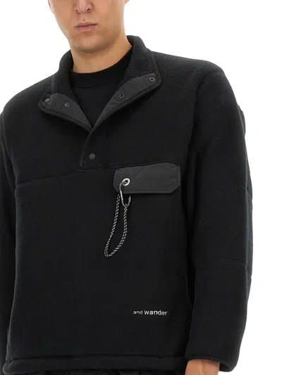 And Wander High-collared Fleece Pullover With Textured Finish In Black