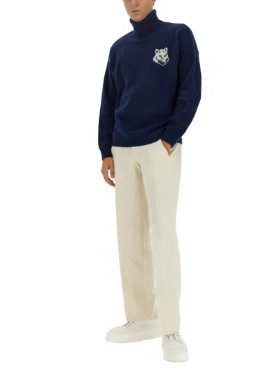 Maison Kitsuné Turtleneck Sweater With Cuffs And Hem In Blue