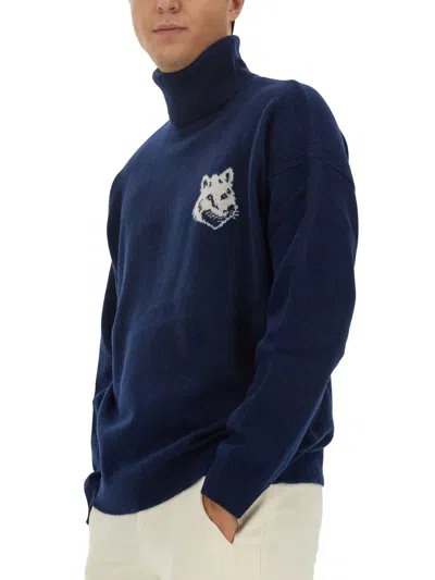 Maison Kitsuné Turtleneck Sweater With Cuffs And Hem In Blue