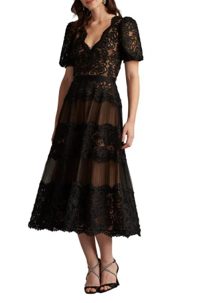Tadashi Shoji Belline Embroidered Chiffon Midi Dress In Black
