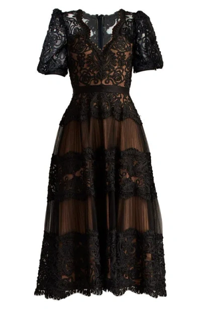 Tadashi Shoji Belline Embroidered Chiffon Midi Dress In Black