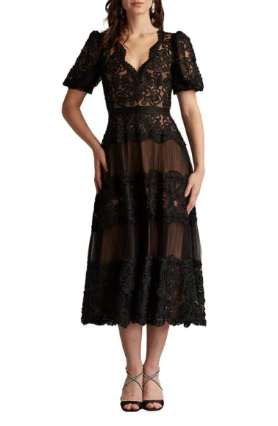 Tadashi Shoji Belline Embroidered Chiffon Midi Dress In Black
