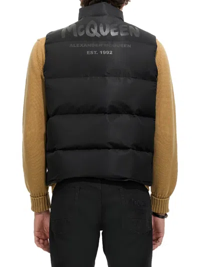 Alexander Mcqueen Men's Graffiti Logo Print Down Vest In Black