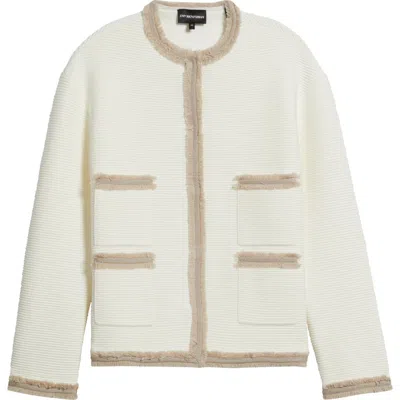 Emporio Armani Ottoman Stitch Knit Jacket With Fringe Hems In White