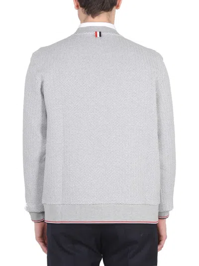 Thom Browne Herringbone Ribbed Crew Neck Sweater In Gray